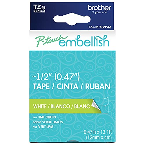 Image of Brother P-Touch Embellish White Print on Lime Green Tape TZEMQG35M - ~1 /2 inch Wide x 13.1' Long (12mm x 4m)