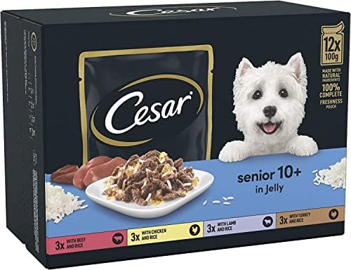 CESAR Senior 10+ Deliciously Fresh Wet Dog Food Pouches aged dogs, Mixed Selection in Jelly, suitable for senior dogs aged 10+, Pack of 4 (4 x 12 Pouches x 100 g)