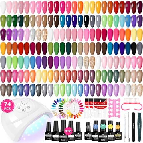 VANREESA Gel Nail Polish Kit with U V Light 74 Pcs Gel Polish Nail Set 56 All Season Colors Nail Polish Set + Base and 4 Effects Top Coat with Manicure Tools Complete Nail Kit Gifts for Women