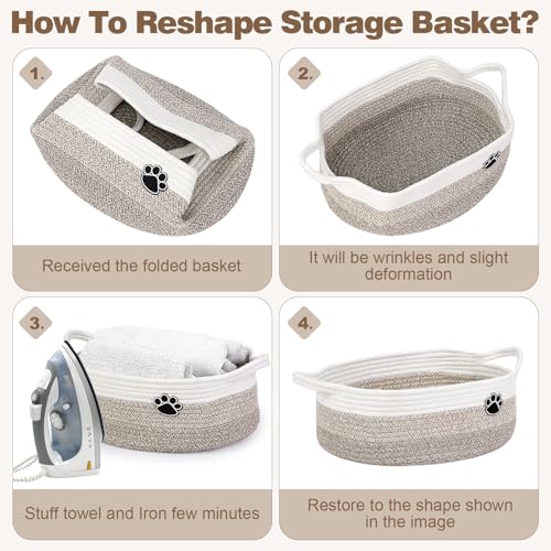 Image of Optish Dog Toy Basket, Toy Box and Bin for Dog Cat Storage, 13.5 inch X 11 inch X 5 inch Small Woven Rope Basket for Baby Storage, Closet, Living Room, White & Brown