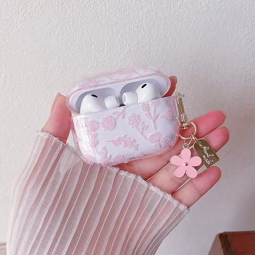 Image of MINSCOSE for AirPods Pro 3rd Generation Case (2025) with Cleaner Kit,Cute Flower Floral Aesthetic Design with Flowers Keychain for Girls Women for Airpods Pro 3-Pink