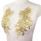 BETITETO 1 Pairs Flower Embroidery Lace Applique White Car Bone Floral Embroidered Sew on Patches for Wedding Dress Gown Bodice Costume Clothing Craft DIY (Gold)