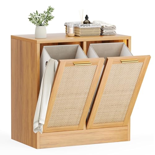Pamapic Meuble de Salle de Bain, Armoire à Linge avec 2 Paniers à Linge, Meuble Bas de Salle de Bain avec Design en Rotin Véritable, Sac Intérieur Amovible...