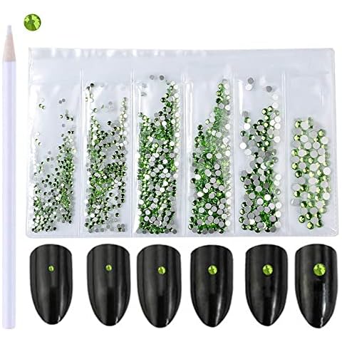 WOKOTO 1440 Piece Light Green Mix-Size Nail Art Diamond Rhinestone Flat Back Nail Crystals And Gem Manicure Decoration With 1Pc Picker Pencil Cover