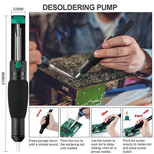 Soldering Iron Kit Electronics, 21-in-1, 60W Adjustable Temperature Soldering Iron, 5pcs Soldering Iron Tips, Soldering Iron Stand, Desoldering Pump, Magnifier, Solder Wire, Tweezer, PU Carry Bag