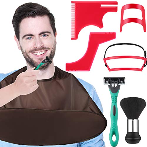 8 Piece Beard Shaping and Haircut Tool Kit, Includes Neckline Template Guide, Hairline Template Stencil with Beard Razors, Brush, Barber Cloak for Men Barber Supplies