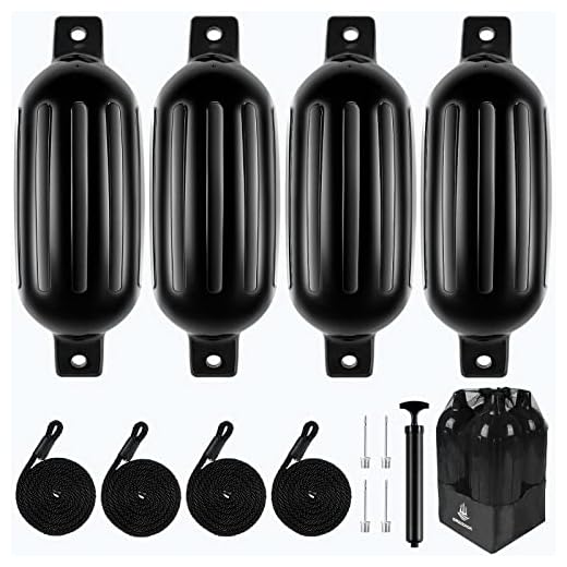Dreizack Boat Fenders 4 Pack 6.5"x23", Boat Bumpers for Docking with 4 Ropes, Inflatable Ribbed Marine Pontoon Boat Fender Bumper for Docks with 1 Storage Bag, 1 Air Pump and 4 Needles, Black