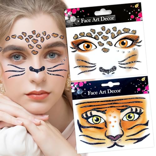 Tatuaggi Viso Animali 2 Pezzi Tatuaggi Temporanei Leopardati Brillantini Viso Adesivi Strass Viso Brillantini Adesivi Viso Tigre Tatuaggio Leopardo per Carnevale, Pasqua, Cosplay, Feste a Tema
