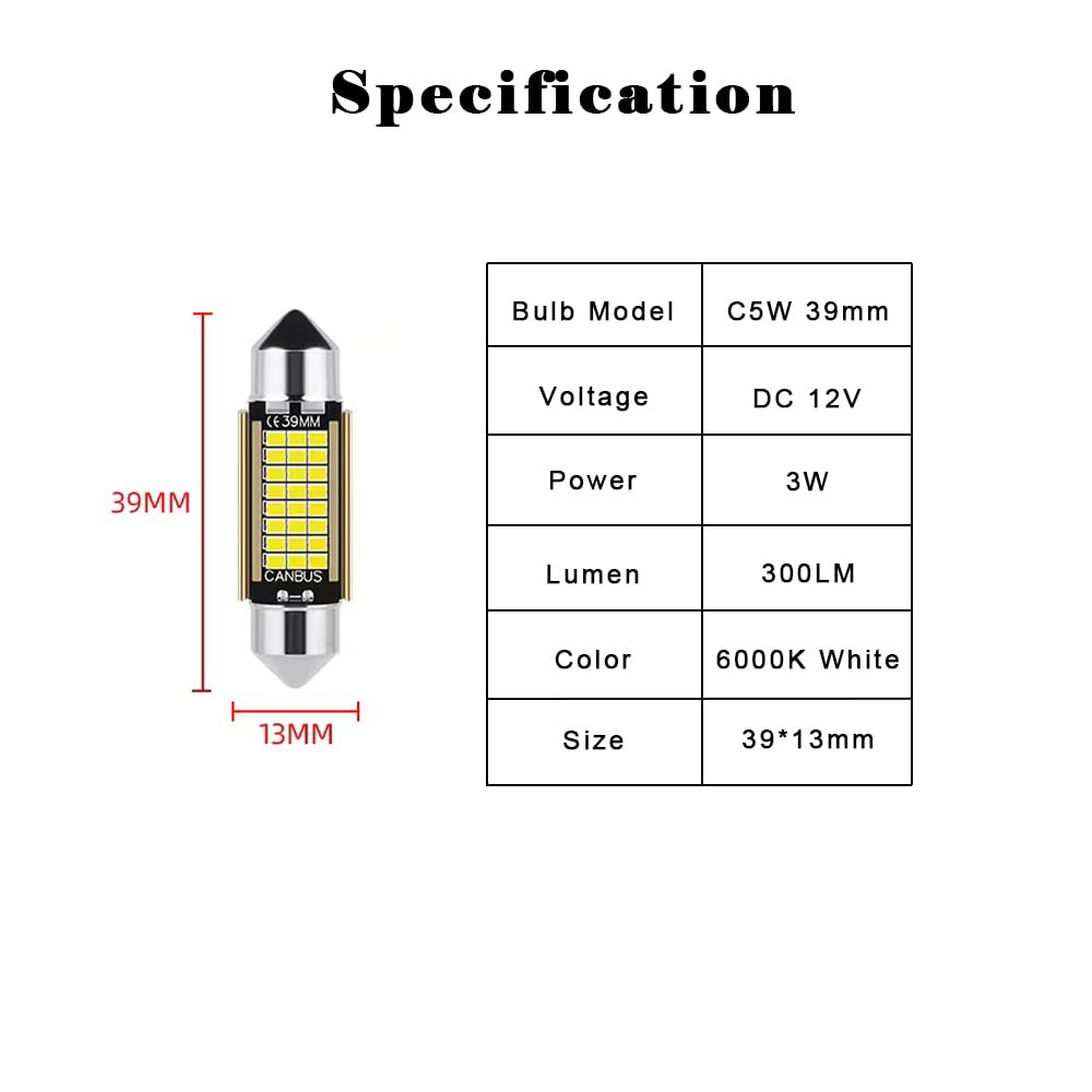Lampadine LED C5W CANBUS 12V Per Auto | Set 2 Pezzi 38-42mm | 6000K Bianco | Per Luci Interne E Targa - Foto 10