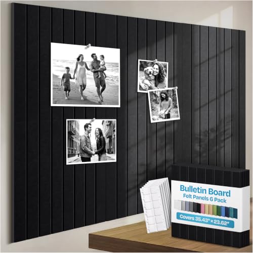 Image of Large Cork Board Alternative 6-Pack Felt Bulletin Board Thick and Decorative Pin Board for Home Office Walls 35.43 x 23.62 Inches with 36 Adhesive Tabs - [Deep Black]