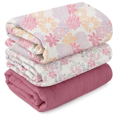 Image of GLLQUEN BABY Muslin Swaddle Blankets for Newborn Girls, Large 40''x38'' | 3Pk, 100% cotton, ultra soft and breathable, gentle on sensitive newborn skin, Multi-use as swaddle wrap, receiving blankets
