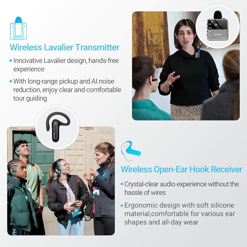 IndoorLink Lavalier Wireless Tour Guide System, Sistema de Audio para Guías Turísticos, Reducción de Ruido, Juegos de Auriculares Inalámbricos Whisper para Iglesias, Visitas a Fábricas, Museos, Exposiciones y Tribunales (1T2R) miniatura 2