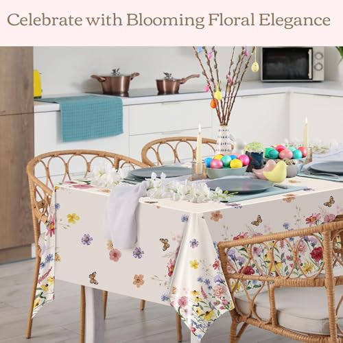 Image of Kochorie 100 Ft x 54 Inch Spring Floral Tablecloth Roll Plastic Flower Tablecloth Roll Wildflower Butterfly Disposable Table Cover for Spring Tea Party Supplies Birthday Wedding Party Decorations
