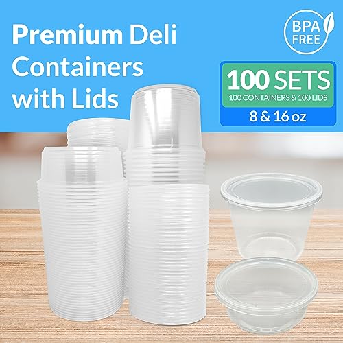 Image of Reli. Round Deli Containers With Lids 8oz & 16oz | 100 Sets | Clear