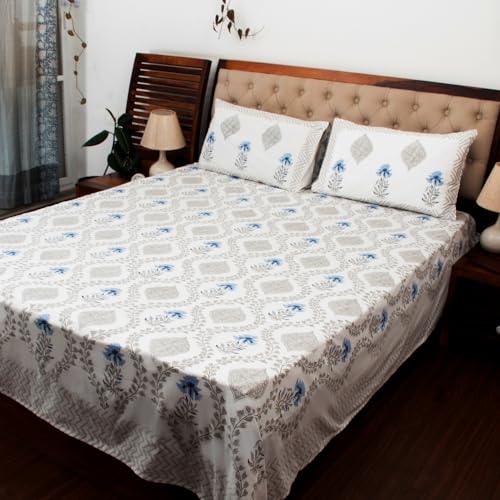 Image of Premium Bedsheet with 2 Pillow Covers I Hand Block I Pure & Soft Percale Cotton I 300 TC I 90x108 inches (King Size Double Bed Bedcover) I Floral Pattern I Blue & Grey