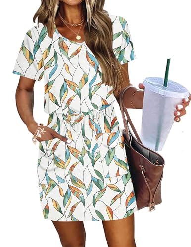 Image of AUSELILY Womens Summer Dresses 2026 Causal Short Sleeve V Neck Tie Front Mini Short Dress with Pockets