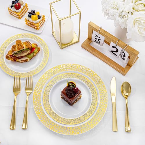 Image of I00000 200 Pcs White and Gold Plastic Plates, Disposable Plastic Plates for 100 Guests Include: 100 Pcs Dinner Plate 10.25 inch and 100 Pcs Dessert Plate 7.5 inch Perfect for Party and Wedding