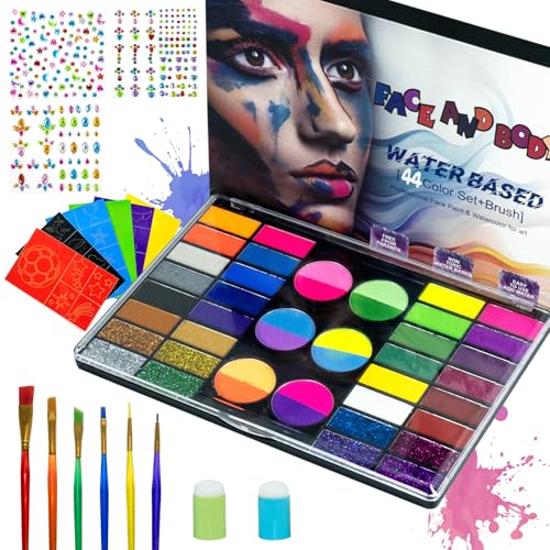 kinderschminken Set - 44 Gesicht Farbe Schminke fuer Kinder Und Erwachsene Wasserbasierte Schminkpalette Professionelle Hautfarben Ungiftig für Halloween Partys Karneval Weihnachten
