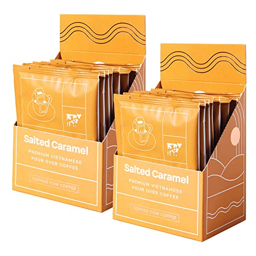 Copper Cow Coffee Premium Vietnamese Coffee: Single-Serve Salted Caramel Pour Over Coffees, Flavored, Specialty, Ground, Gourmet, Travel Ready (Includes: 16 Salted Caramel Coffees) #TOP1