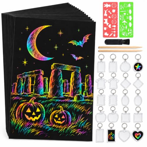 Scratch Art for Kids, Large A4 Rainbow Scratch Paper Set, 20 Craft Paper Sheets, 2 Stencils, 2 Bamboo Styluses, 1 Brush, Room for Creativity, Arts and Crafts for Kids, Plus 20 Blank DIY Charms