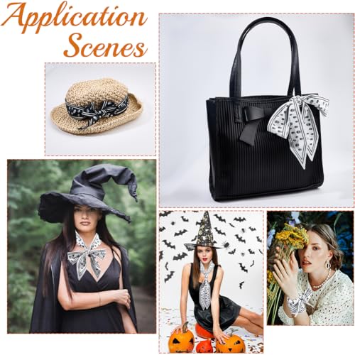 2Pcs 2 Colors Black White Skull Scarf Fashion Skeleton Pattern Neck Tie Neckerchief Versatile Handbag Handle Wrist Wrap Cover Skinny Soft Silk Headband Hair Head Scarves for Women Accessory4