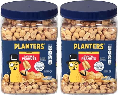 Image of PLANTERS Salted Peanuts Cocktail, Party Snack, Plant-Based Protein, After School Snack, Roasted in Peanut Oil, Salted Nuts, Snacks for Adults, Bulk Nuts, Kosher, 2.19lb Jar (Pack of 2)