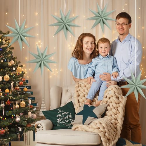 Image of 12 Inches 5 PCS Sage Green Paper Star Lanterns Christmas Party Decorations Hanging Stars Christmas Party Decorations Wedding Birthday Christmas Home Party Decorations(9 Pointed)