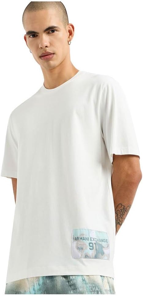 Men's Small Camo Patch Short Sleeve Tee, Off White, Small