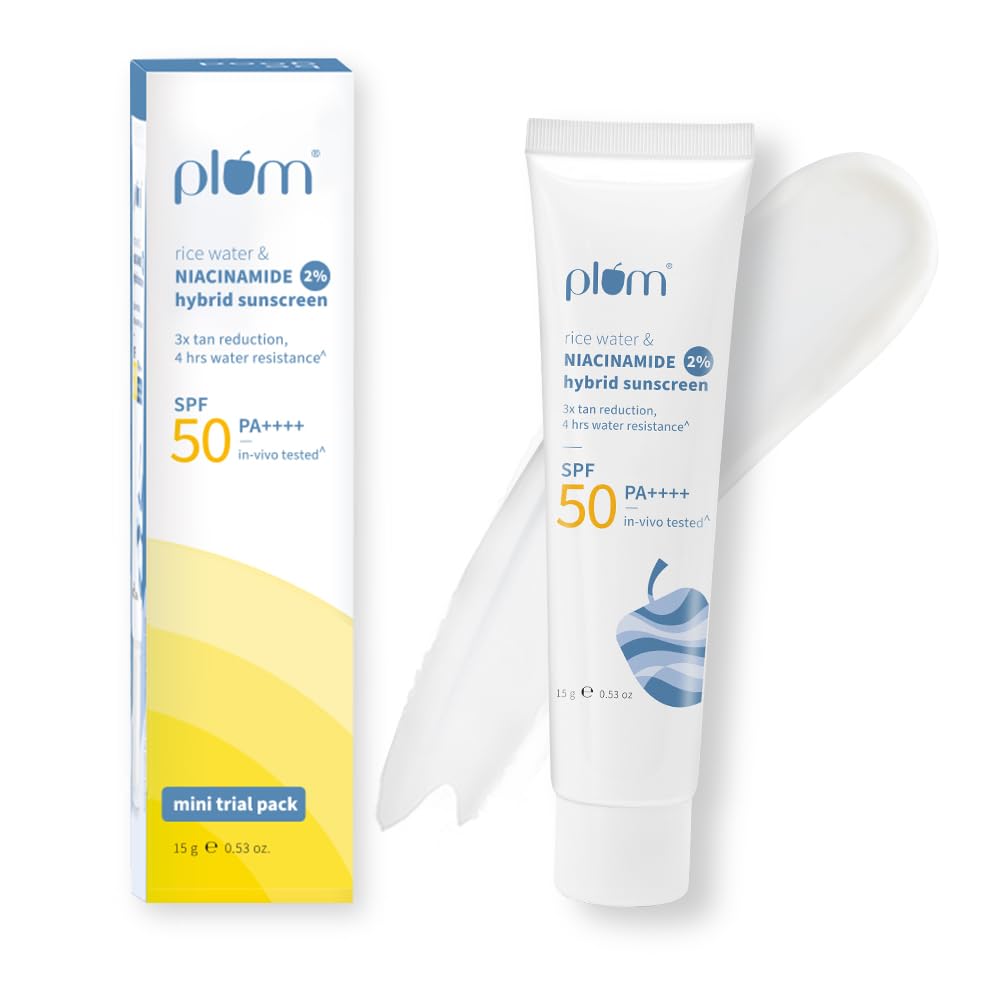 Plum 2% Niacinamide & Rice Water Sunscreen SPF 50 PA+++ | for Oily, Dry & Combination Skin | UVA/UVB Protection | Reduces Tan & Brightens Skin | No White Cast & Non-Sticky | for Women & Men | 15g