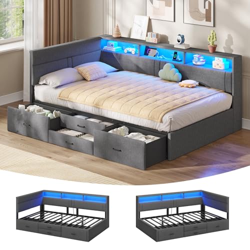 AOGLLATI Polsterbett Schlafsofa 90x200, Einzelbett mit LED-Beleuchtung & Ladestation, Kinderbett 90 x 200 mit 4 Schubladen und Lattenrost,Jugendbett Tagesbett 90x200, Leinen,Dunkelgrau (ohne Matratze)