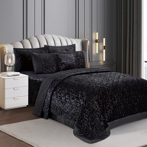PRIME LINENS Luxury 3 Piece Quilted Plush Velvet Bedspread Bedding Set Ultra Soft Crushed Velvet Bedspread Comforter Bed Throw with 2 Pillow Cases (Black, Super King)