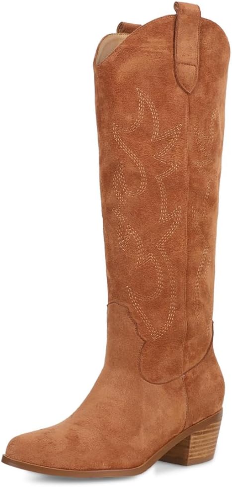 Erocalli White Cowgirl Boot Cowboy Boots for Women Embroidered Pull-On Chunky Stacked Heel Knee High Western Boots