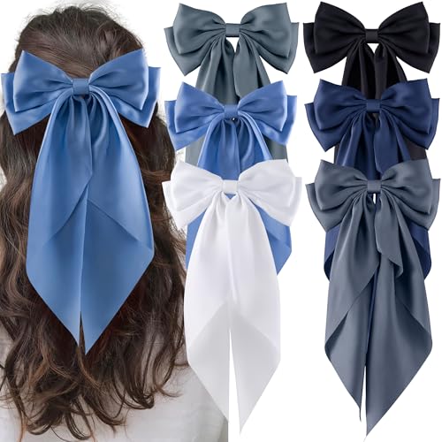 hisial 6Pcs Large Bows Hair Clips for Women Girls Long Tail Hair Ribbon Silky Satin Barrettes Coquette Bows Accessories (Black/Lake Blue/Grey Blue/White)