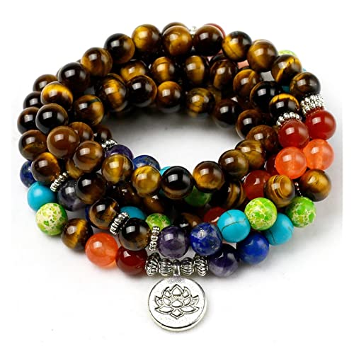 Bracelet Oeil de Tigre 7 Chakras pour homme et femme avec perles 8mm