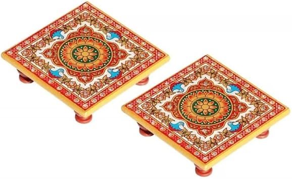 IGH Intricate Floral Painted Marble Chowki 10.2x10.2x2.55cm, Return Gifts, Set of 2.