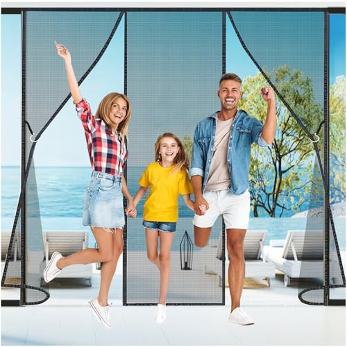 295x205cm Patio Doors Magnetic Mesh Screen|Reinforced Double Door Curtain Self Sealing Heavy Duty Fiberglass Easy Install No Tools Required Black