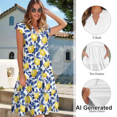 Image of Womens Summer Dress Ruffle Sleeve V Neck Dress Casual Fit Flowy Beach Vacation Sundress with Pocket S-2XL