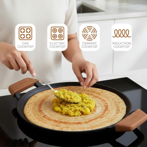 Image of HomeEssentials Round Non-Stick Cast Iron Tawa with Silicone Grip Handles | Non-Stick Cooking & Serving Pan for Dosa, Chapati, Roti, Pizza, Pancakes, Omelets and Daily Cooking
