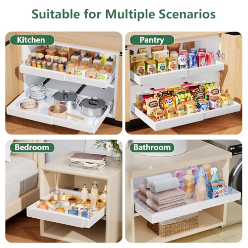 Pull Out Cabinet Organizer, 21" Deep, Expandable(12.6"-21.3"), Slide Out Drawers for Cabinets with Adhesive, Adjustable Roll Out Shelves for Kitchen Pantry (White-2 Pack, 21"D x 12.6"W x 2.76"H)