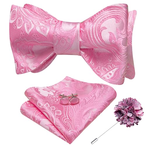 Image of Dubulle Self Tie Bow Ties for Men Mens Pink Bowtie and Lapel Pin Paisley Floral Suit Handkerchief Cufflinks Set Wedding