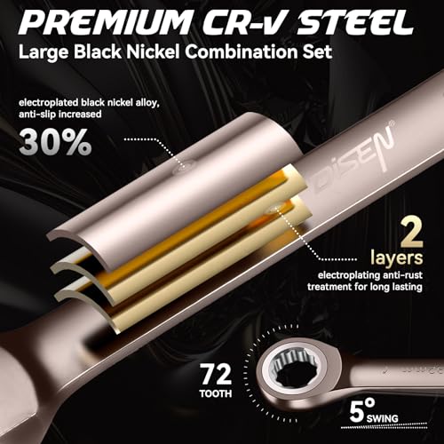 DISEN 8pcs Large Ratcheting Wrench Set | Metric and SAE Combination Wrench Set |Nickel Plating with Rolling Pouch | 24,27,30,32mm & 1\'\',1-1/16\'\',1-1/8\'\',1-1/4\'\'| CR-V Steel Gift for Father - Thumbnail 3