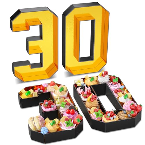 Paready 13.78'' Fillable Cardboard Number 30 for Charcuterie, Gold Black Number 30 Tray, Food Fillable Number 30 Box Flower Candy Cupcakes Container for 30th Anniversary Birthday Party Decoration