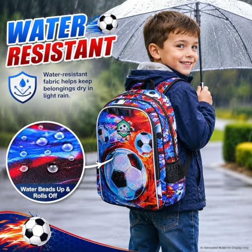 Image of Soccer Backpack for Boys, 16 inch Kids Bookbag with Lunch Box, 3Pcs Football School Backpacks for Elementary Preschool Kindergarten (Fire and Ice)