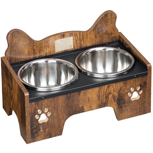 Hzuaneri Erhöhter Hundenapf, Enthält Zwei Edelstahlnäpfe Mit Spritzwassergeschütztem, Rutschfestem Und Quietschfreiem Design, Geeignet Für Kleine Und Mittelgroße Hunde, Vintage Braun PB01601B