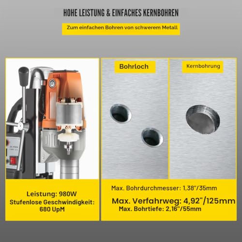 Mophorn Bohrmaschine, magnetisch, 980 W, 35 mm, maximale Magnetkraft 10.000 N, Tiefe 50 mm, Bohrsystem