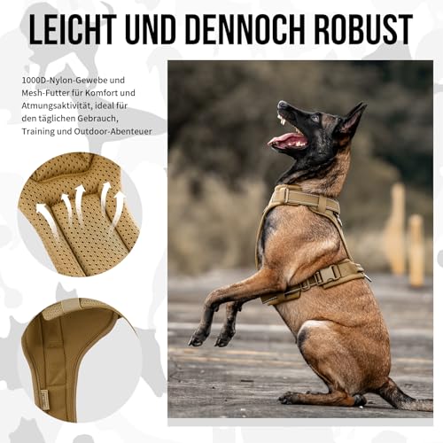 OneTigris Hundegeschirr, Diesel Einstellbar Taktisches Geschirr Weich Gepolstert Brustgeschirr für mittelgroße und große Hunde mit Reflektierend, 1 Griff, 3 D-Ringe (Braun, M)