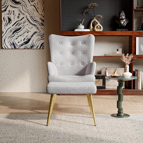 Sessel mit Hocker, Ohrensessel mit Hoher Rückenlehne, Fernsehsessel Armlehnensessel Polstersessel Relaxsessel, Schlafzimmer Lounge Sessel Lesesessel Lammwolle, Hellgrau – Bild 7
