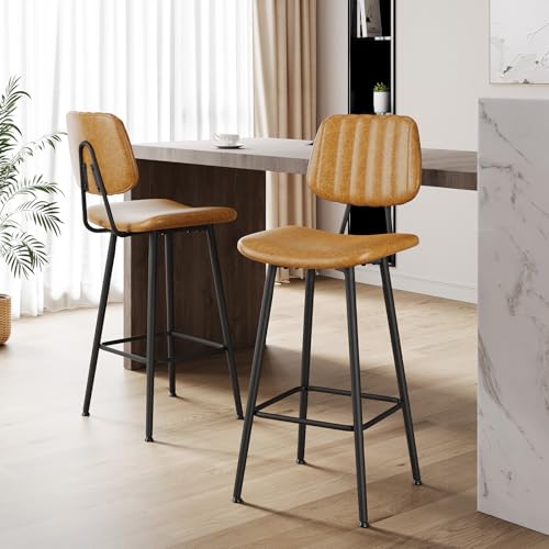 Image of Raynesys 29-Inch Leather Bar Stools Set of 3 with High Backrest, Brown