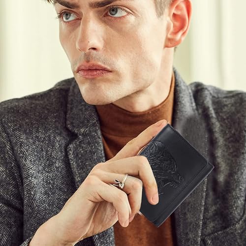 Image of Wild Wolf Black Trifold Wallet for Men - Full-Grain Nappa Leather, RFID Blocking, Unique Embossed Design, Gift for Husband, Dad, or Boyfriend