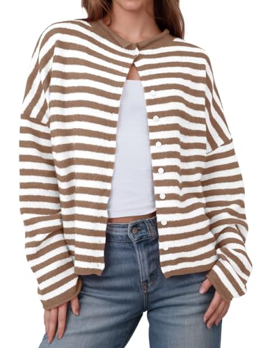Image of Saodimallsu Womens Striped Cardigan Casual Long Sleeve Open Front Button Down Loose Knit Lightweight Fall Sweaters